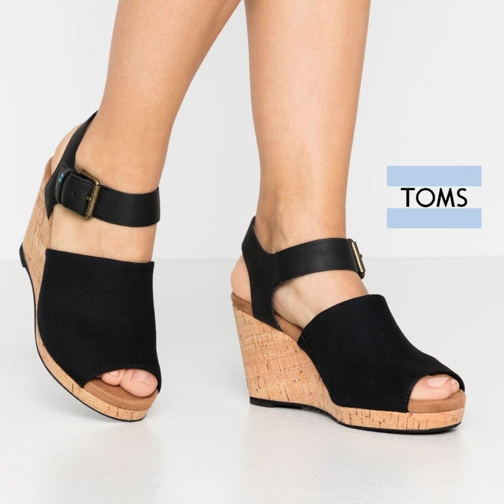 Toms Tropez Jute Wedge Slingback Sandal Platform Black Suede Heels